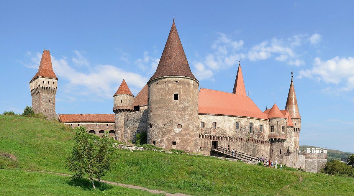Corvin Castle at Hunedoara with its Gothic towers and drawbridge