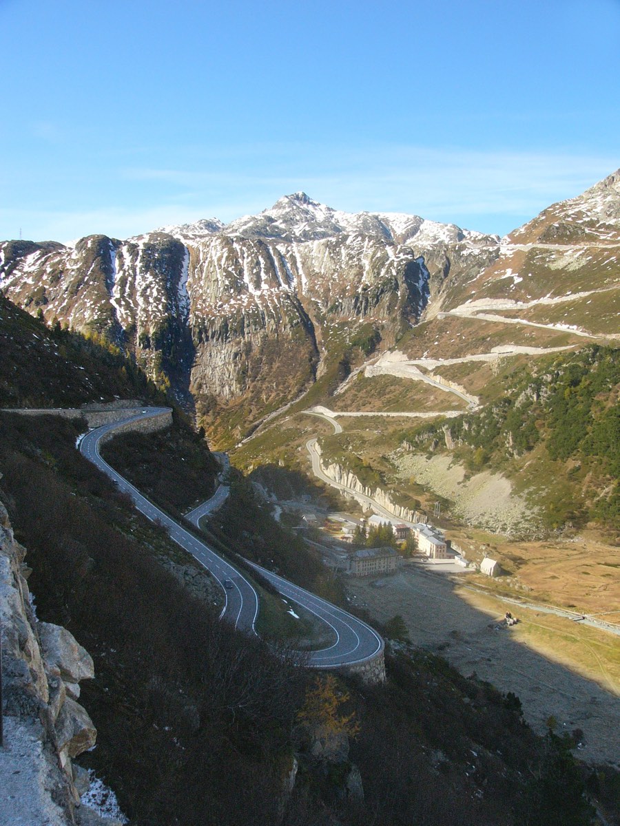 The Furka pass road switchbacking down towards Gletsch