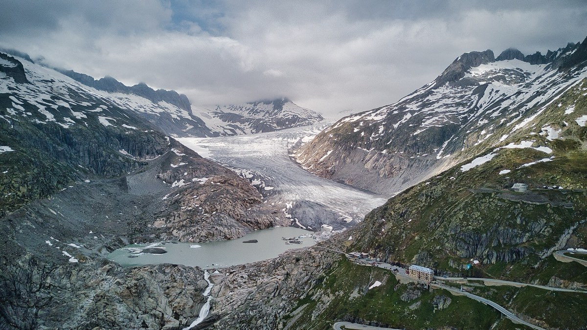 The Rhône glacier below the Furka, with the Belvédère road cut into the rock