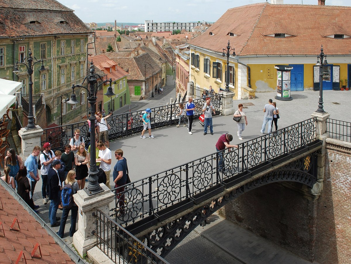 Sibiu's cast-iron Bridge of Lies above the lower town