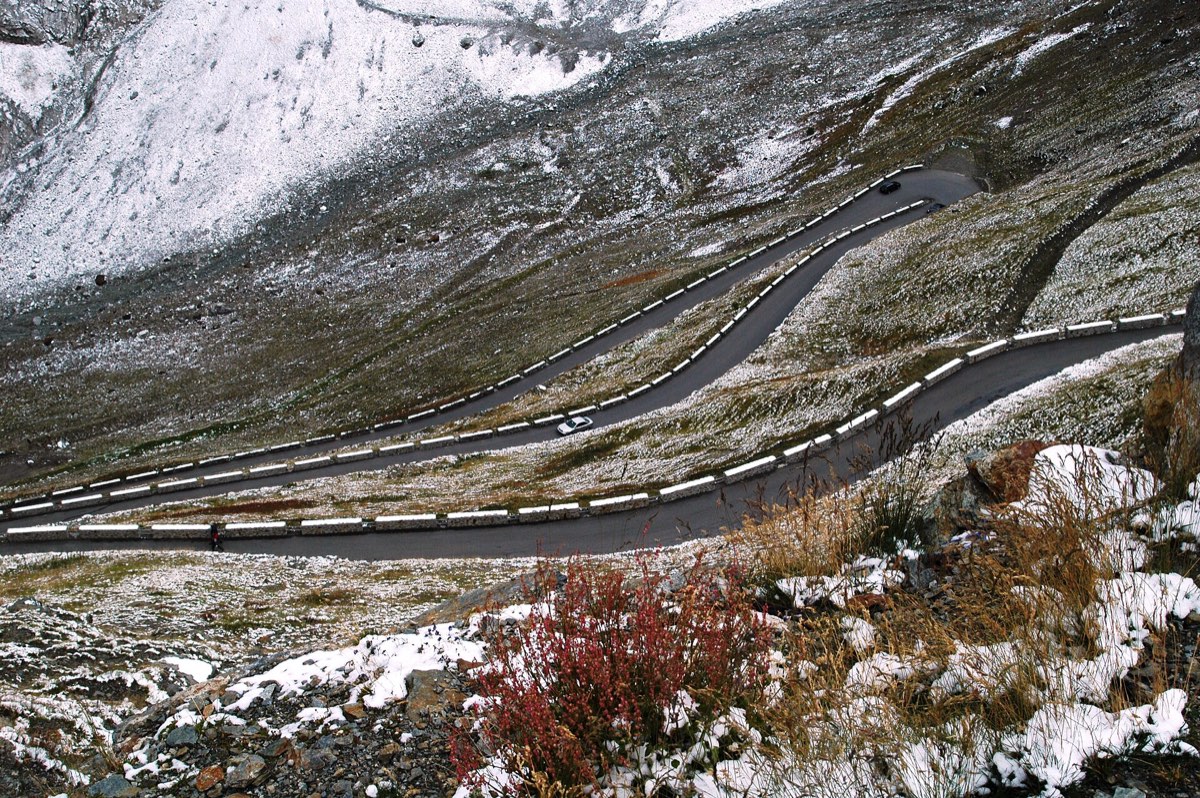 The Stelvio stacked in hairpins on its northern side