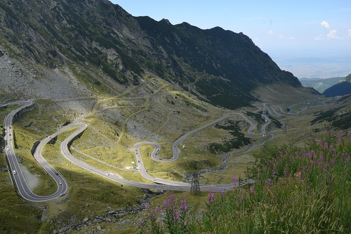 Hairpins of the Transfăgărășan stacked up the Făgăraș slope