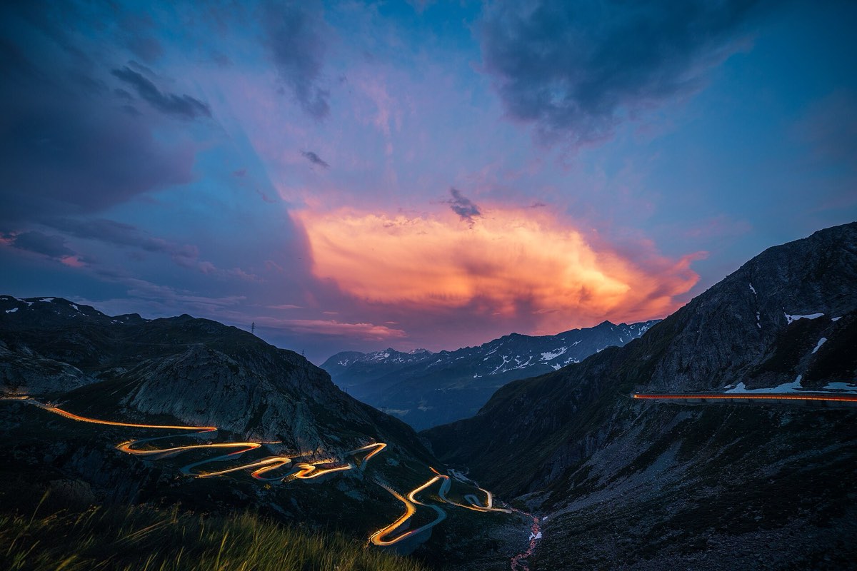 The cobbled Tremola road on the old Gotthard pass at dusk
